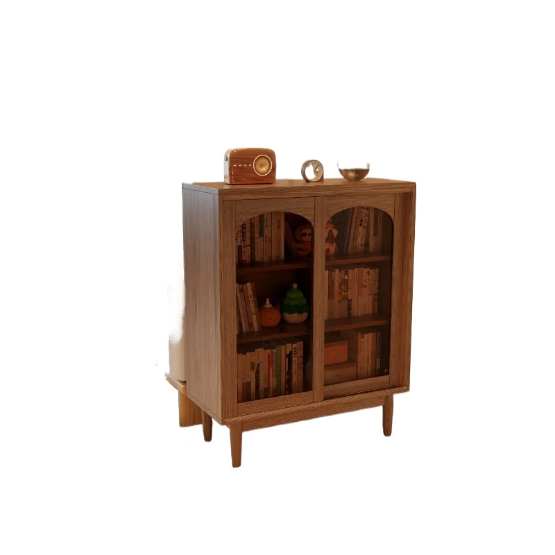Solid wood floor-to-ceiling living room cabinet is short, locker is integrated against the wall with glass sliding door