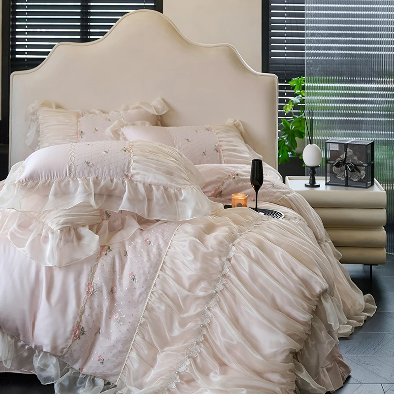 

100% Tencel Bedding Set 60s Lace Flat Sheet Set With Pillowcase Queen King Double Size Bare Sleeping Skin-Friendly Bed Linen Set