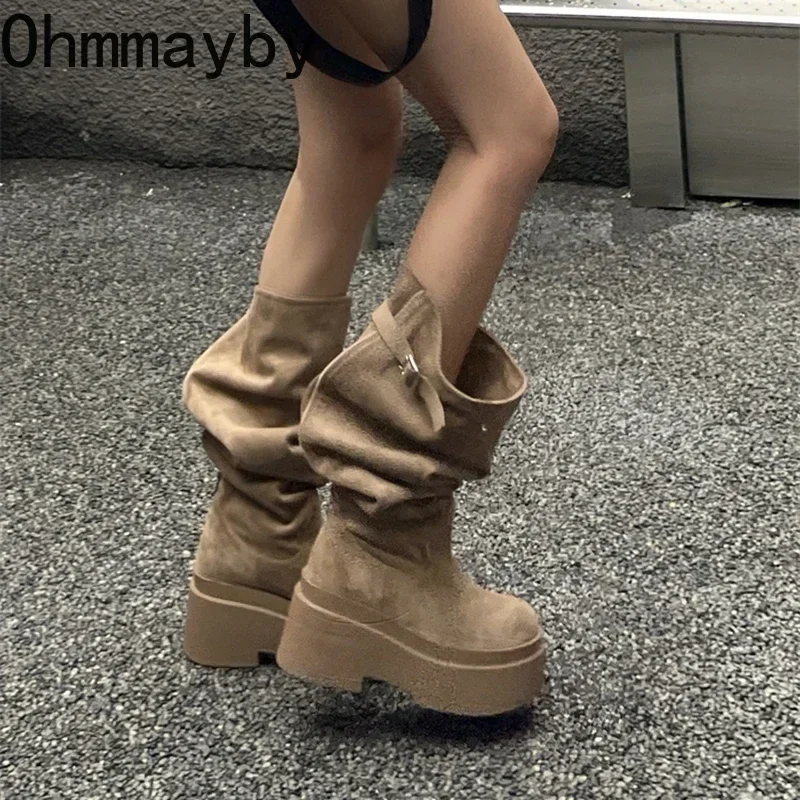 Winter Platform Women Knee-High Boots Fashion Slip On Long Booties Street Style Female Elegant High Heels Shoes