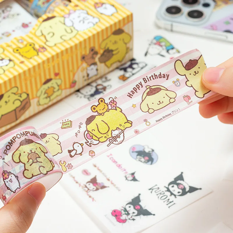 Kawaii Cartoon Hello Kitty Sticker Roll Gift Box Cute Cinnamoroll Kuromi My Melody Hand Acount Tape Stickers Decal Kids Toys