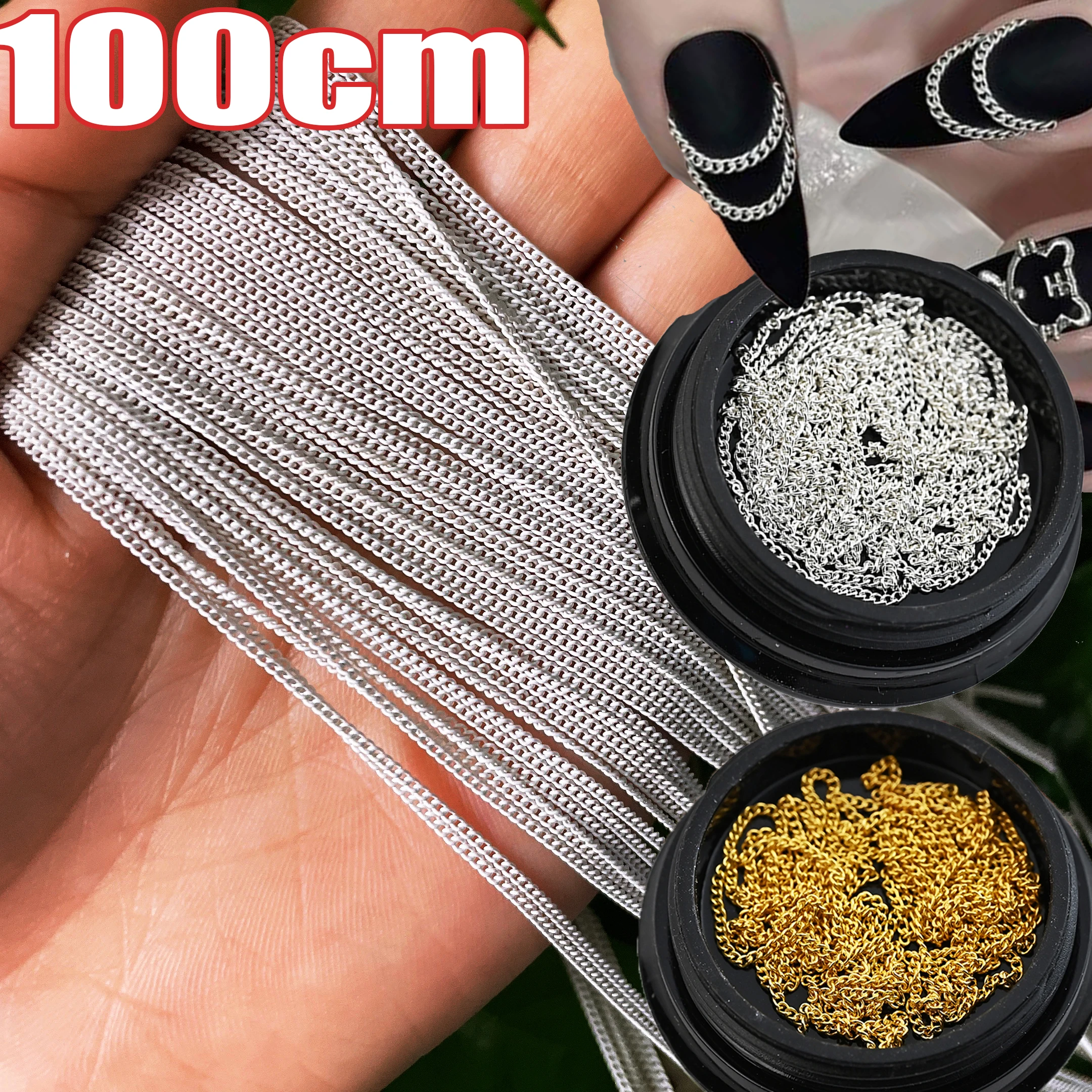100CM 3D Punk Metalen Ketting Nagellegering Studs 1,5-2mm Goud Zilver Lange Ketting Nagelbedels DIY Franse Legering Goud/Punk Manicure Jewelr