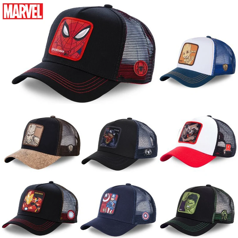 Sombrero de red de béisbol deportivo de películas de Anime de Marvel, superhéroe, Spider-Man, Iron Man, Hulk, Capitán América, cohete, mapache,