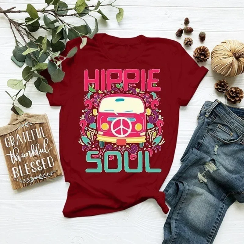 Футболка HIPPIE SOUL с принтом автобуса, Женская свободная футболка с коротким рукавом и круглым вырезом, летняя женская футболка, Топы, женские