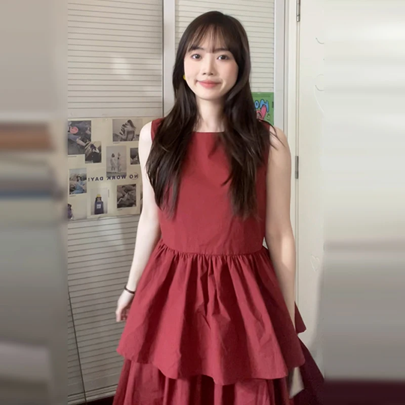 Vestido chaleco sin mangas rojo francés para mujer en verano 2025, nuevo conjunto de traje pequeño y de alta gama, falda larga
