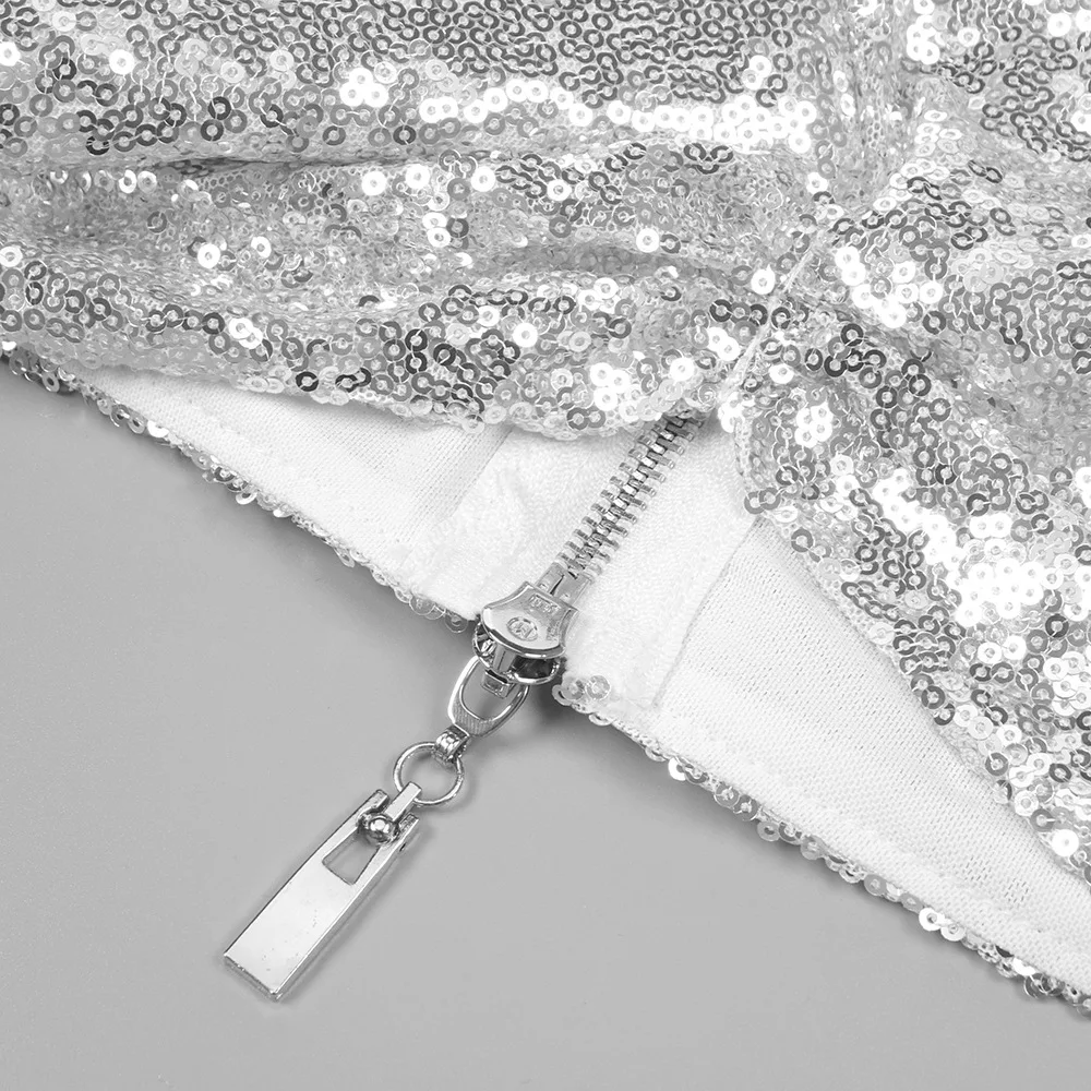 Fashion Silver Sequin 2 Piece Set Backless Long Sleeve Crop Top and Ruched Side Slit Maxi Skirt for Cocktail or Music Concert