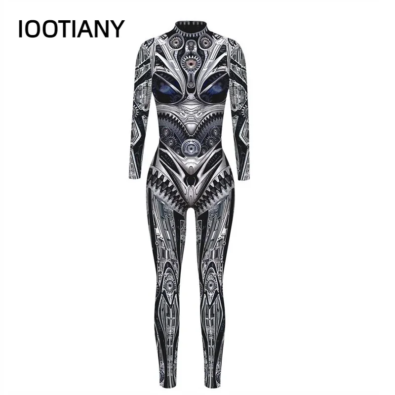 IOOTIANY Retro Robot Punk Style Print Cosplay Costume Women/Men Jumpsuit Bodysuit Adult Carnival Party Halloween monos mujer