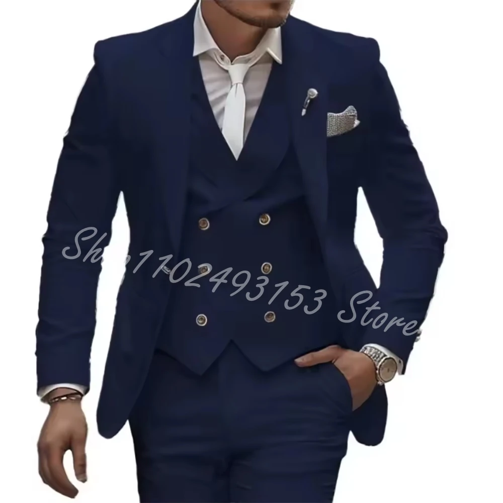 

Navy Blue Men's Formal 3pcs Suit Jacket Vest Pants Business Wedding Groom Party Custom Made Tuxedo Costume Homme Mariage