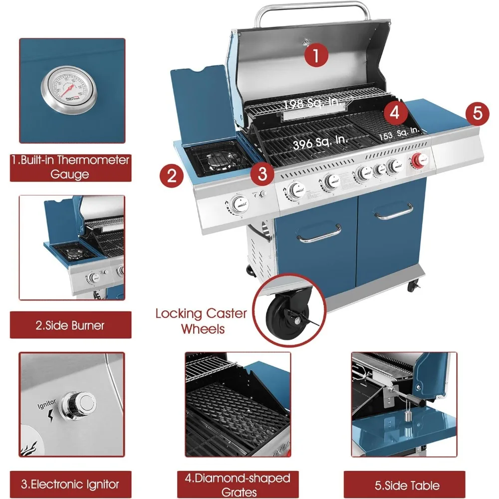 GA5403B griglia a Gas propano stile armadio barbecue a 5 fuochi con Kit girarrosto, bruciatore Sear, bruciatore posteriore e bruciatore laterale