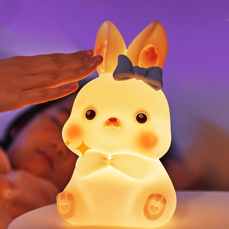 Cartoon LED Night Lights Cute Bunny Rabbit USB Rechargeable Touch Switch Remote Eye Care Bedroom Decoration Desktop Table Lamp