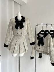 Women's New Matching Sets Bow Short Jacket Coat and Mini Pleated Skirt Vintage Y2k 2000s Skirt Sets Two Piece Suit Clothes 2024