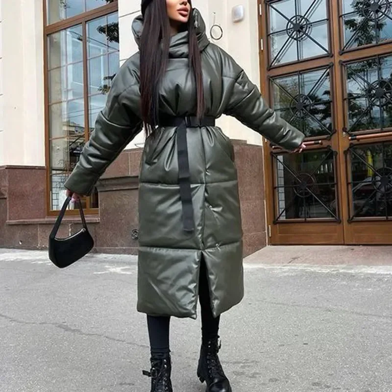 Malina Hooded PU Parkas Women Fashion Tie Belt Coats Women Elegant Solid Faux Leather Slim Long Cotton Jackets Female Ladies