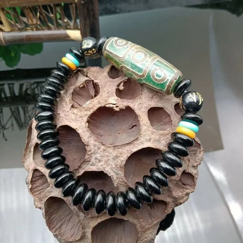 Tibetan Dzi Agates Stone Bracelet Natural Nine-eyed Amazonite Tiger Eye Stone Nine Eyes Dzi Charm Bracelet for Women Men Healing