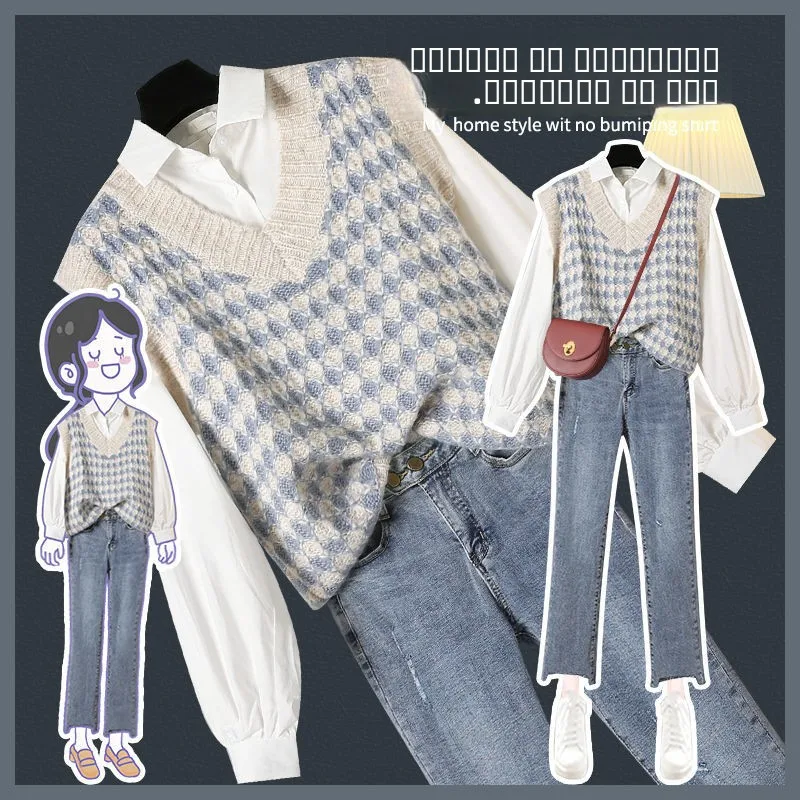 

Spring Autumn Fashion Professional Women's Small Size Age Reduction Fat Concealment Personality Knitted Vest Shirt Jeans Thre...