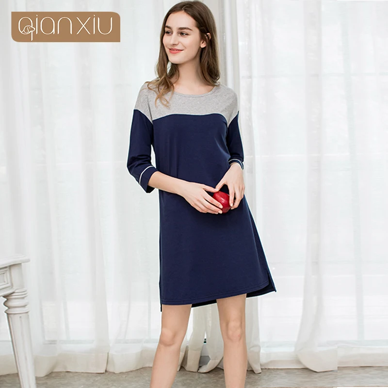 Autumn Nighties Nighty Robe Female Round Collar Women's Pajamas Sleepwear Coat Modal Solid Long Sleeve Nightgown Home NightWear