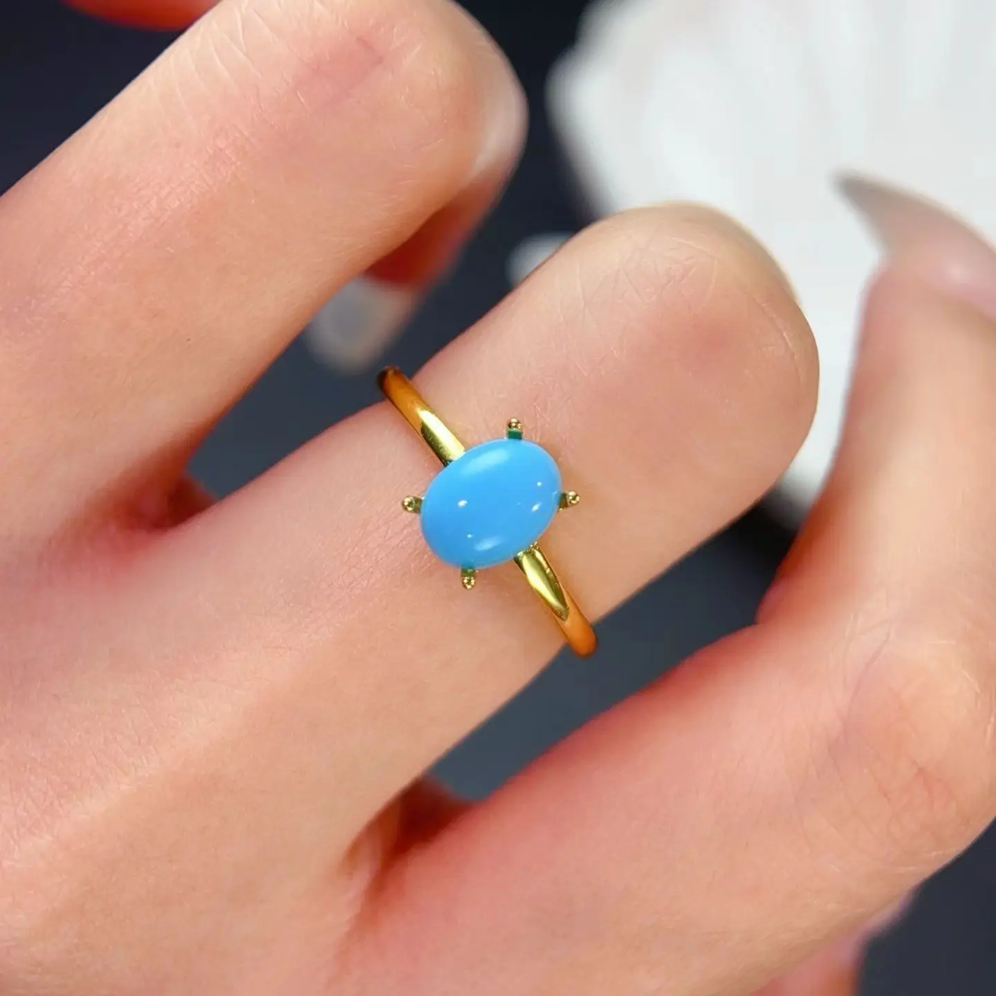 Simple 925 Silver Ring for Daily Wear Man Made Turquoise Ring 6mm*8mm Natural Turquoise Powder Forming Gemstone Jewelry