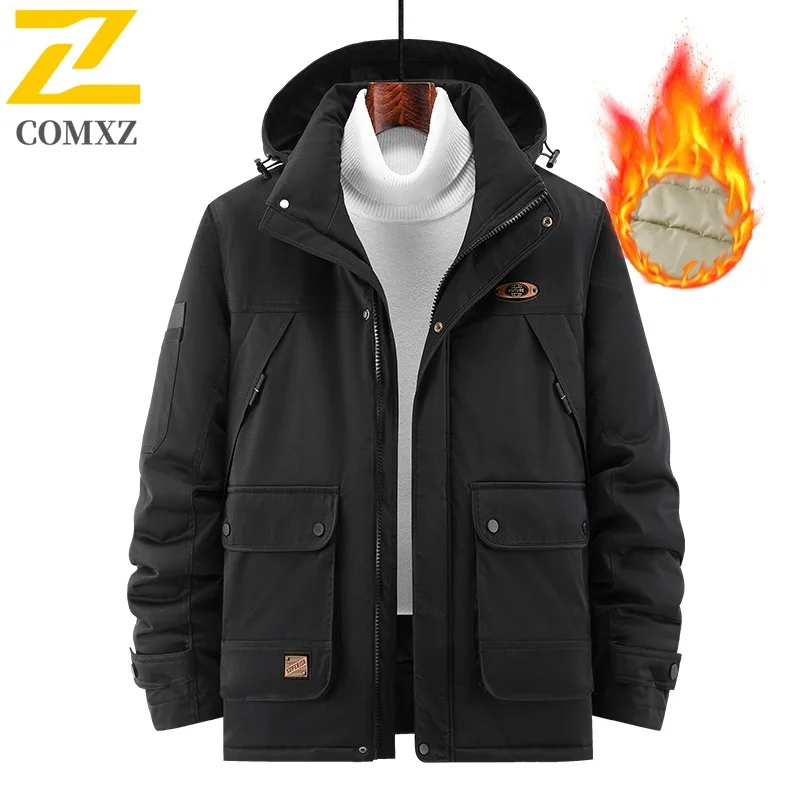 COMXZ 2025 Mens Plus Size Winter Workwear Puffer Jacket Military Style Waterproof Windproof Detachable Hood Outdoor Sports Coat