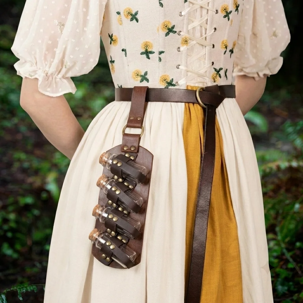 Renaissance Leather Waist Pendant 4 Cork Small Potion Bottles with Leather Holster, Medieval Viking Warrior Role-Playing Props