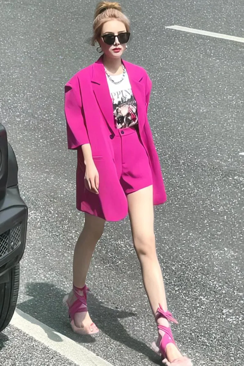 Korean Fashion Summer Spring Purple Short Sleeve Jacket Suit for Women Blazer and Shorts Set Y2k Clothes Vacation Clothing