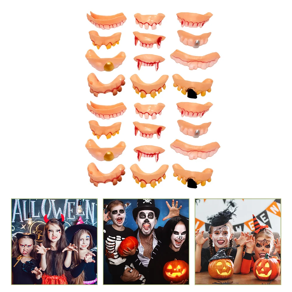 24 Pcs Fake Teeth Halloween Dentures Ugly Costumes Prom Make up Funny Goofy Fake Denture Rotten Teeth Party for Adults