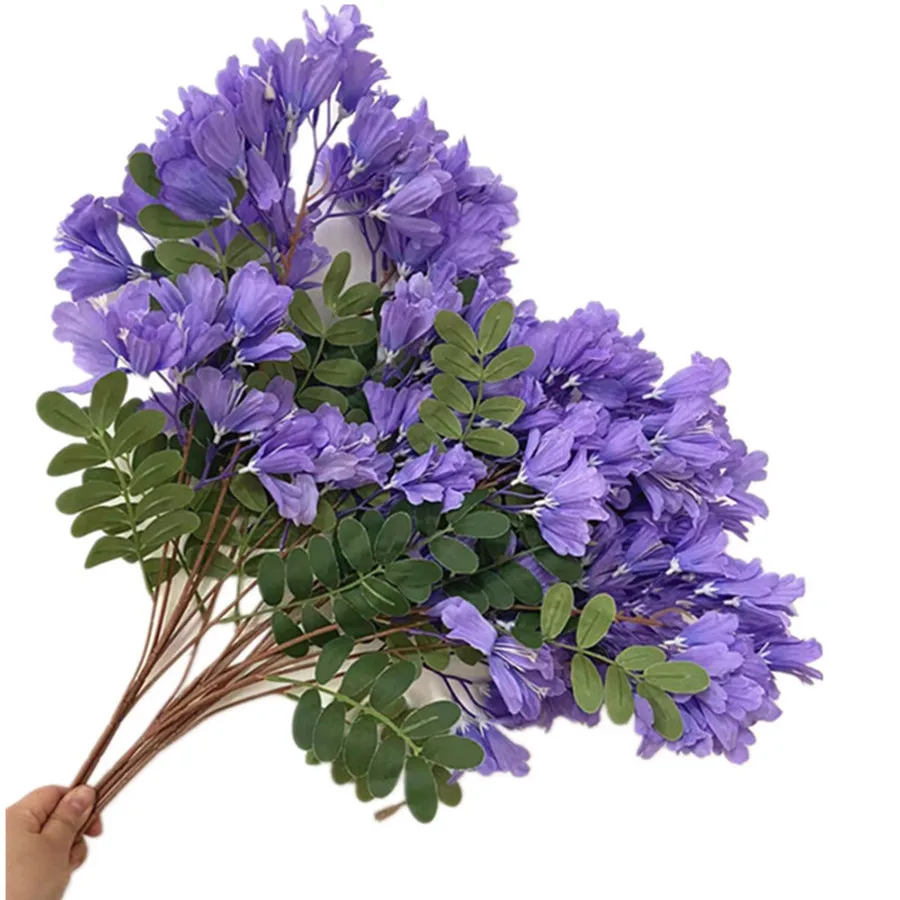 One Silk Jacaranda Flower Branch Artificial Syringa Faux Mezereon Stem with Green Leaf for Wedding Home Table Floral Decoration