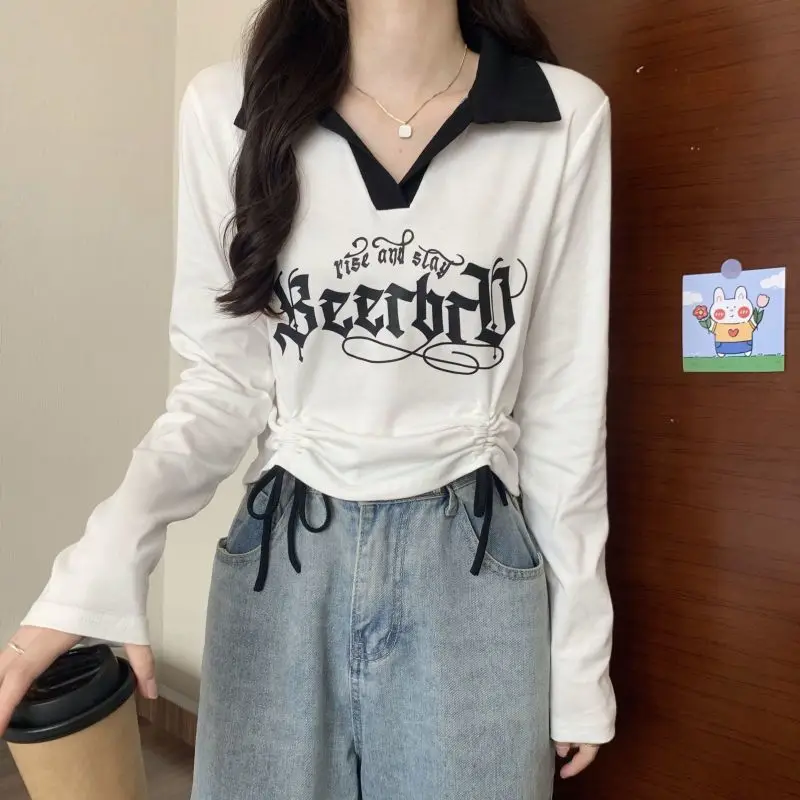 

Стильная корейская футболка с длинным рукавом, уникальный дизайн с воротником-поло, цветовые блоки, детали с завязками, высокая талия, в стиле Ins ​