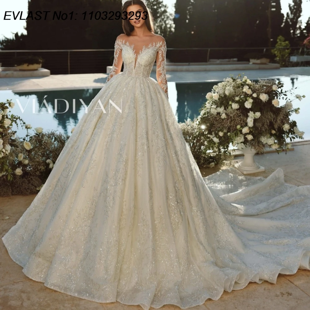 

EVLAST Customized Glitter Wedding Dress A Line Long Sleeve Shiny Lace Applique Beading Crystal Bridal Gown Robe De Mariee TBD70