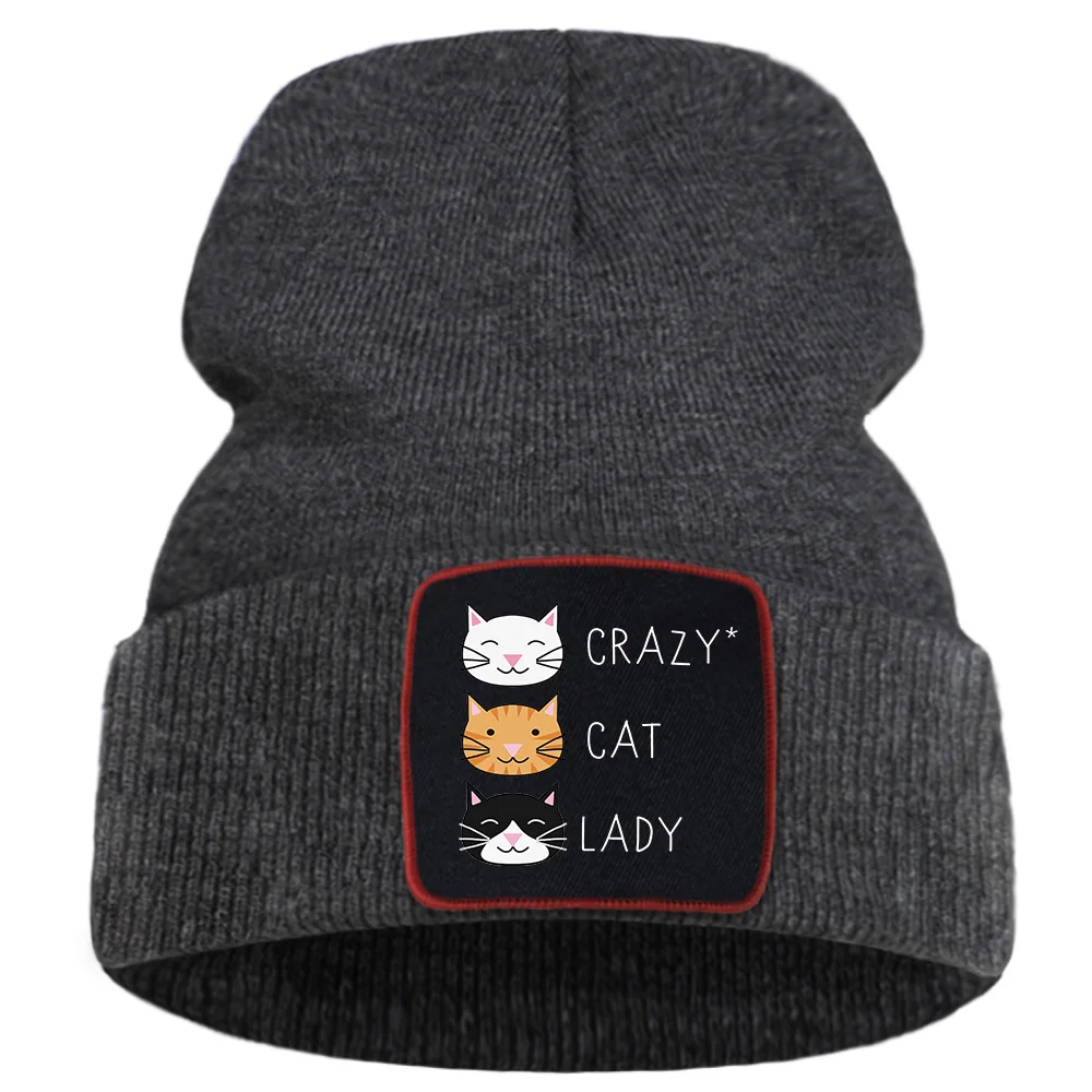 Crazy Cat Lady Cartoon Knit Hats Women Cotoon Warm Harajuku Men Casual Winter Hat Solid Color Simple Street Beanie For Boys