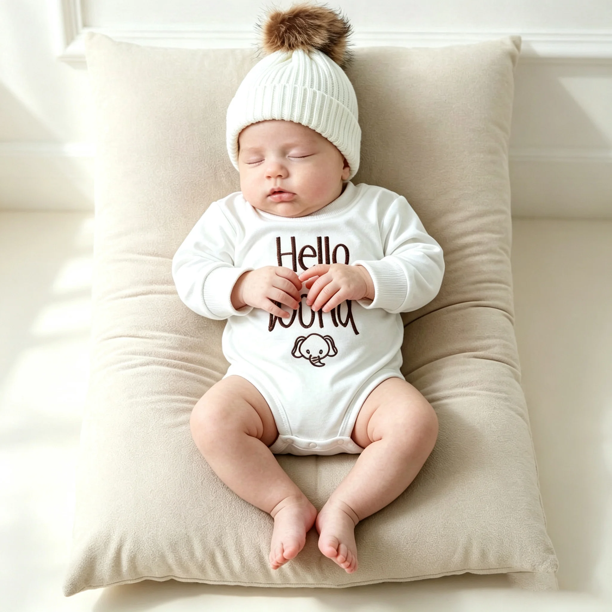 Newborn Baby Outfit Set ”Hello World“ Embroidery Long Sleeve Bodysuit with Knit Hat Infant Photography Costume Baby Shower Gift