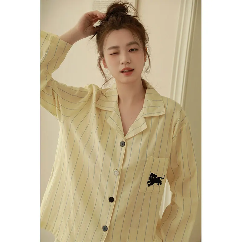 Soft Women Muslin Cotton Sleepwear Absorbent Fresh Stripe PJs Set Notched Lapel Embroidered Cartoon Animal Loose Home Loungewear