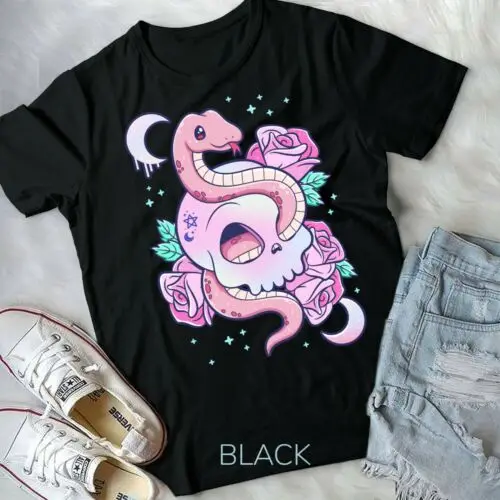 Kawaii Pastell Goth niedlichen gruseligen Schädel Schlange Schlange Rosen-Unisex Form T-Shirt