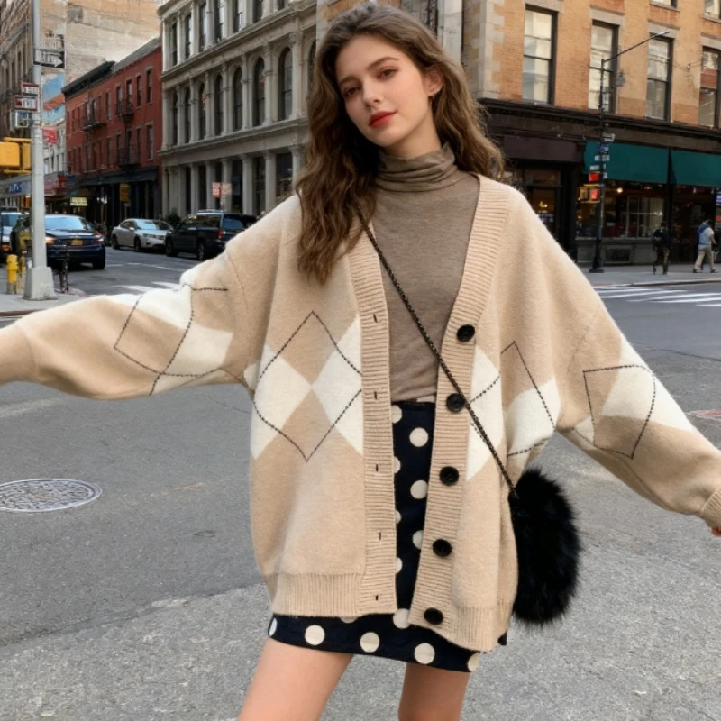 

Осень 2022, вязаный кардиган с длинными рукавами и геометрическим принтом в студенческом стиле, повседневный свободный женский свитер, куртка в английском стиле, топ