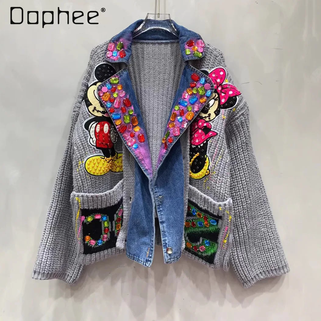 Autumn and Winter Loose Thickened Sweater Cardigan Fashion Splicing Colorful Rhinestones Top Suit Collar Denim Jacket Women