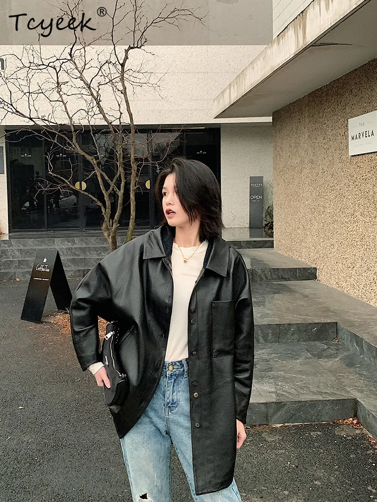 Tcyeek piel de oveja auténtica primavera otoño moda cuello cuadrado negro con capucha longitud media chaqueta de cuero genuino para mujer chaqueta Couro