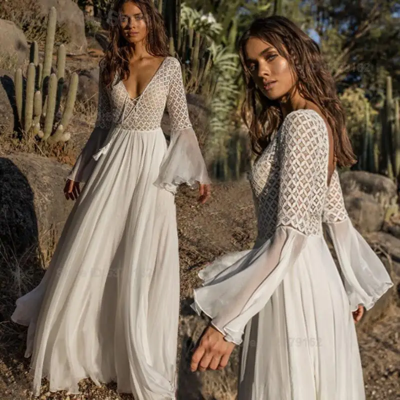 Women European Style Lace Flared Sleeve Maxi Beach Dress Casual Vacation Long Cover Up Seaside Bikini Outerwear Beach Robe
