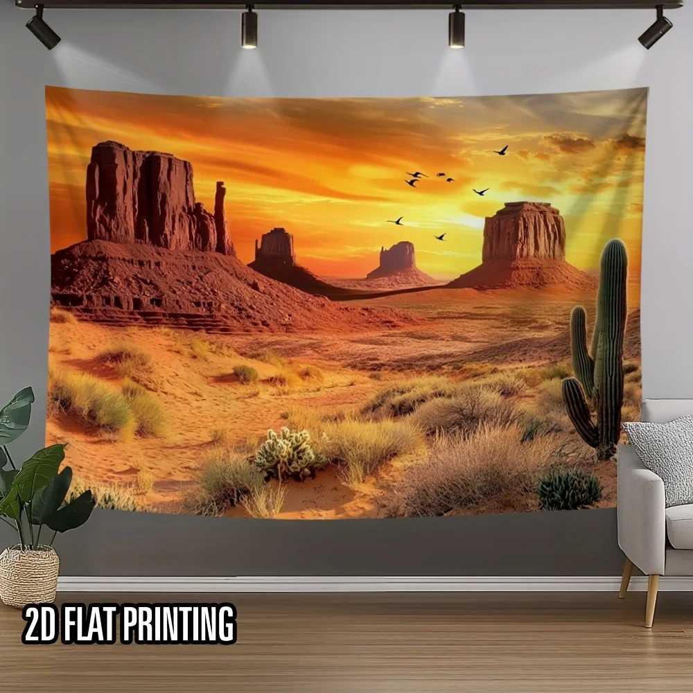 2D Flat, 1pc Southwest Desert Cactus Wall Tapestry - Monument Valley Landscape with Formations & Saguaro Cacti, Easy-to-Hang Fla