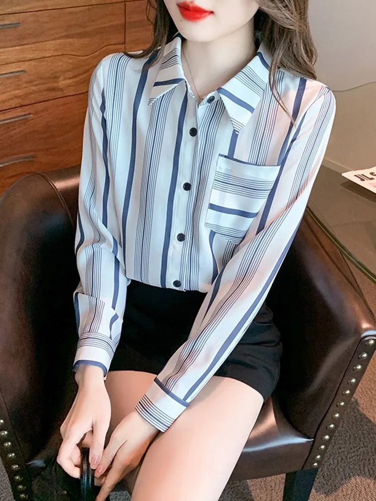 Camisas listradas de manga comprida feminina, gola virada para baixo, tops casuais, elegante, estilo coreano, senhora do escritório, nova chegada, outono, W1343, 2023