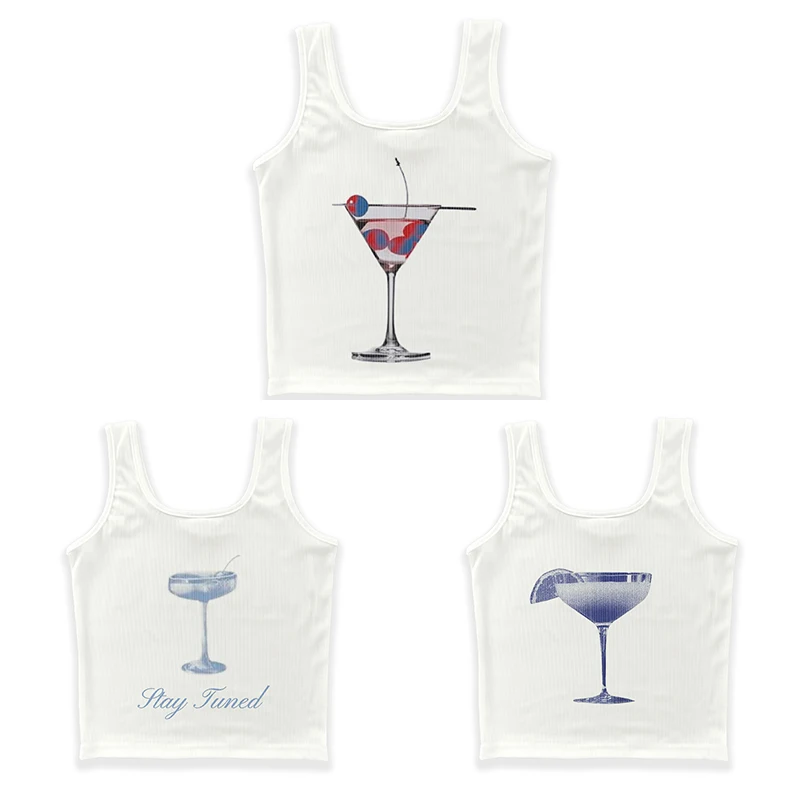 

3 Piece Streetwear Y2k Aesthetics Goblet Print Fairy Tank Tops Summer Women Grunge Crop Tops Hot Girl Basic 90s Sleeveless Vest