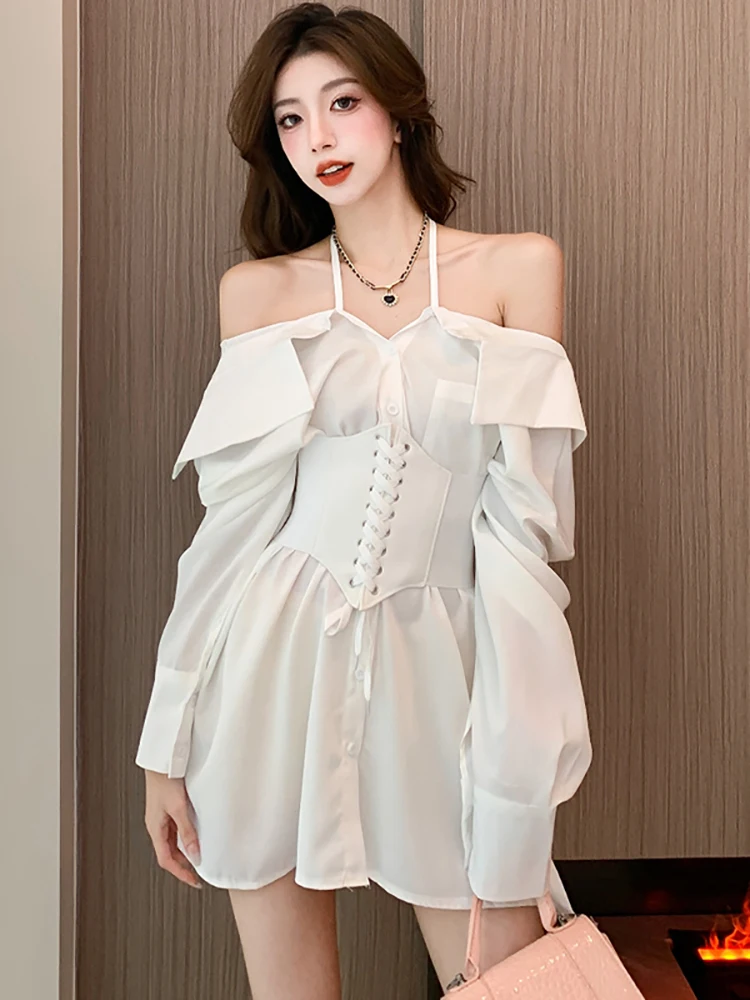Autumn White Long Sleeve Chic Off Shoulder Sexy Shirt Dress Women Elegant Bandage Short Dress 2025 Korean Bodycon Casual Dresses