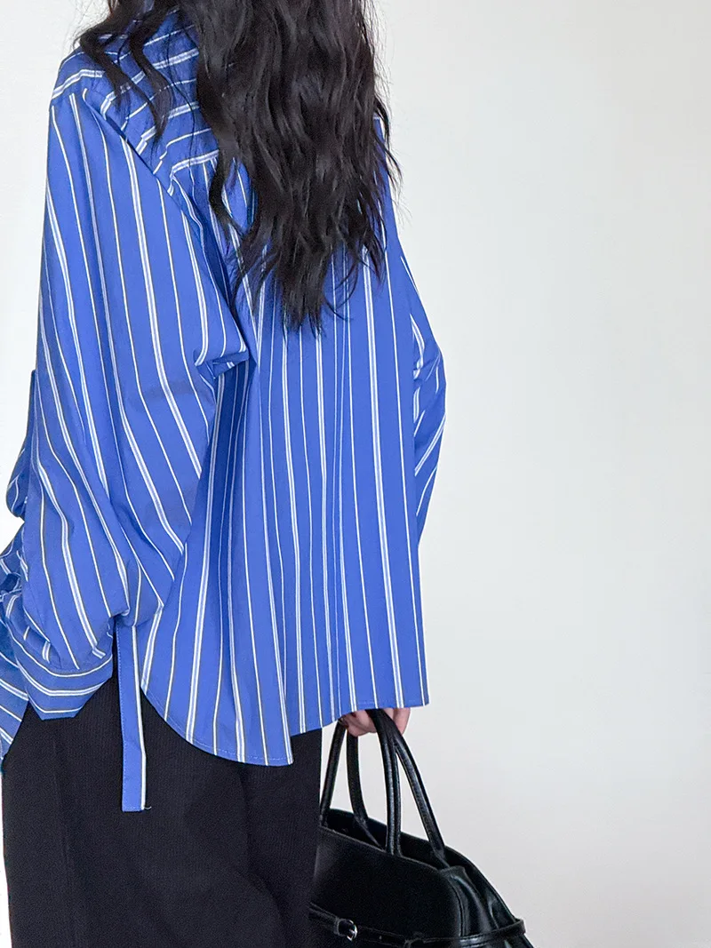 

Autumn Blue Striped Irregular Shirts Women Lace-up Turn Down Collar Loose Pocket Korean Casual Shirt Tops