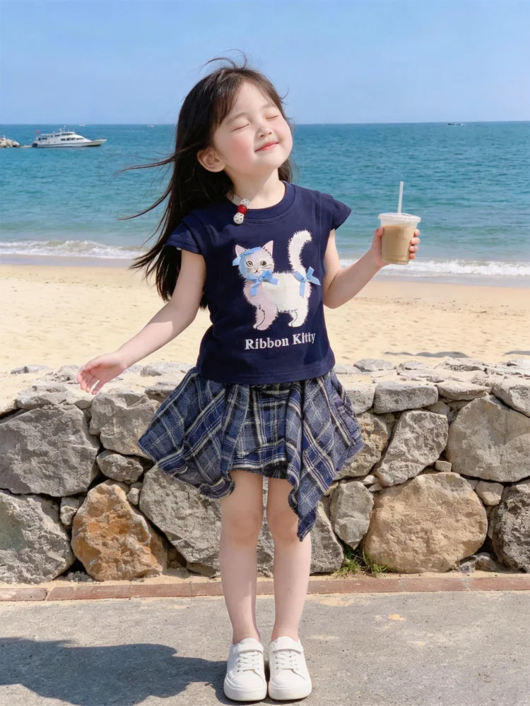 

Cute Cartoon Summer Outfit for Girls Plaid Skirt And T-shirt Two-piece Set Breathable round Neck Sleeveless Children's Cl...
