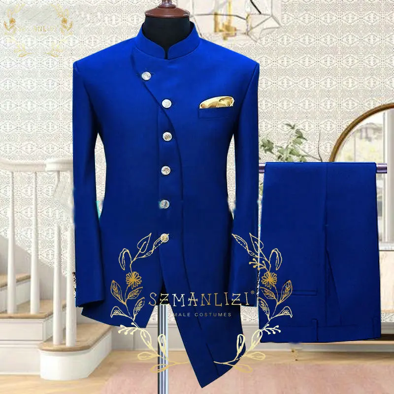 Mens Suits Set (Jacket+Pants) New Fashion Design Stand Collar Royal Blue Slim Fit Party Suits 2 Piece Wedding Men Clothing