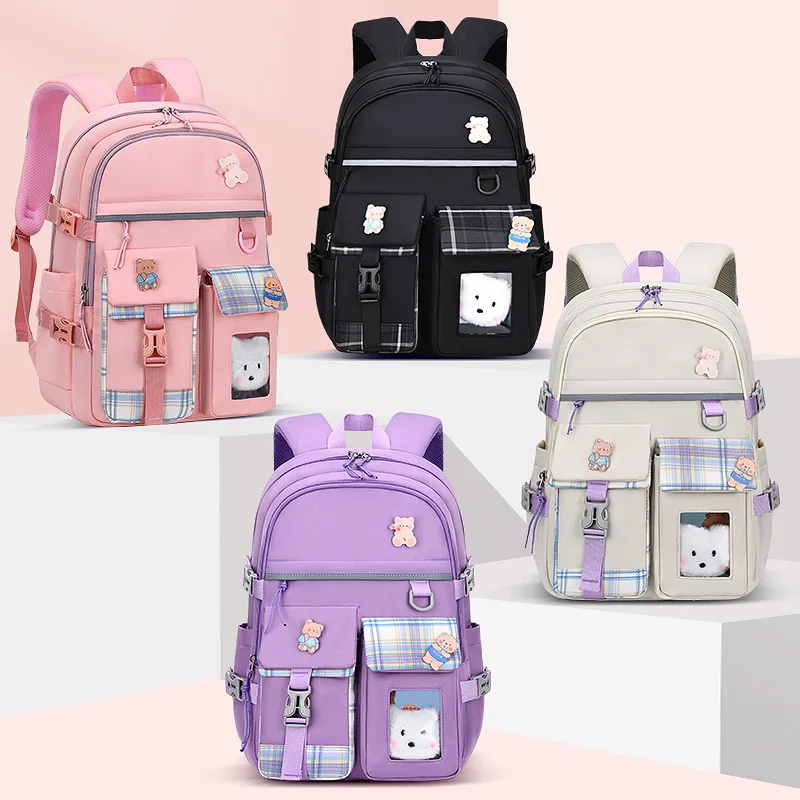 Cute Bear School Bags For Teenager Girls Children Waterproof Backpack Plaid Schoolbag Kids Orthopedics School Backpacks Satchel