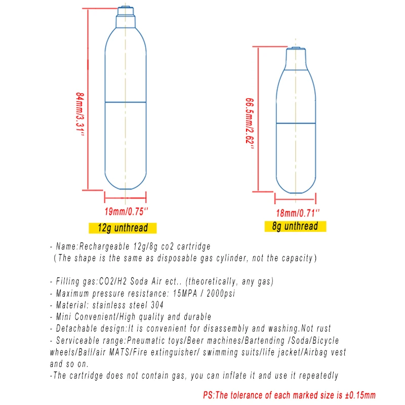 Capsula di Co2 ricaricabile ad alta pressione 8g 12g cilindro in acciaio cartuccia di Co2 riutilizzabile per pompa d'aria del ventilatore del sistema di Boback del Gas BB