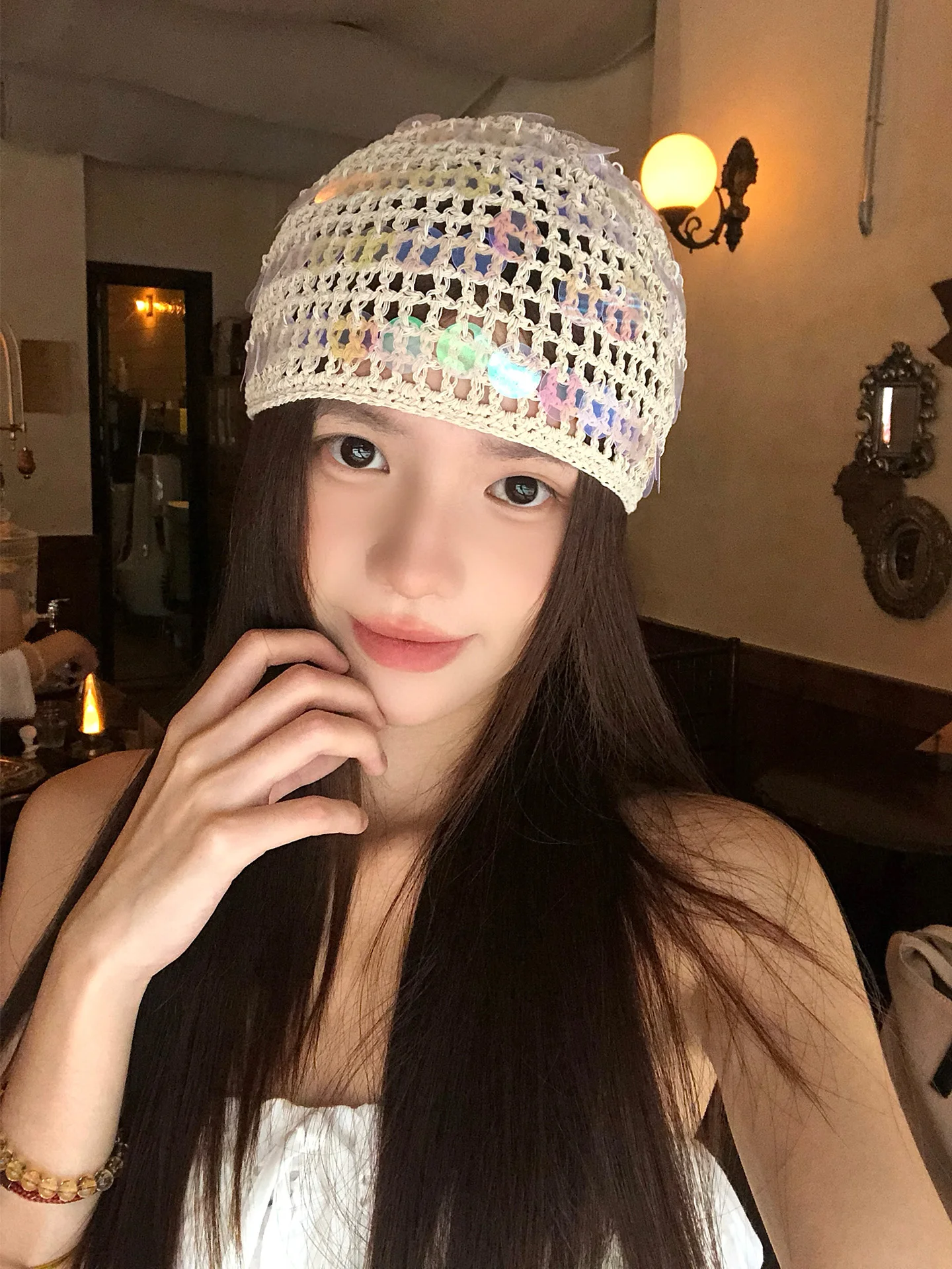  Sequin Knitted Hat Women's Summer New Style Thin Breathable Tunic Cap Elegant Face Slimming Overhead Hat
