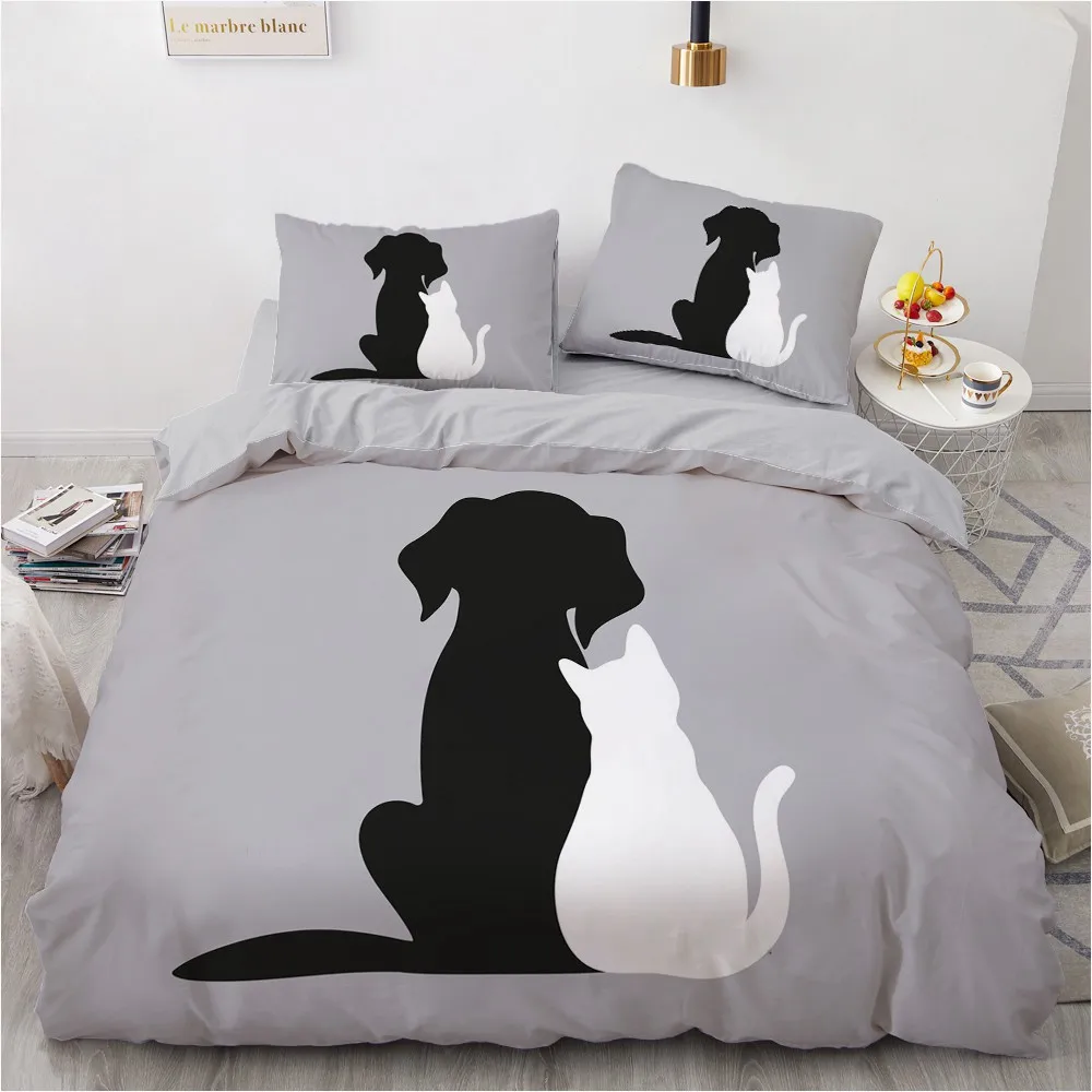 Dog Cat King Queen Duvet Cover Pet Kitty Puppy Bedding Set For Kids Teens Adults Lovely Animals Blue Soft 2/3pcs Quilt Cover