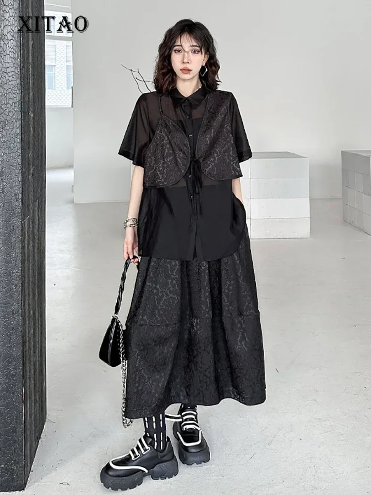 

XITAO Solid Color Personality Skirt Set Chinese Style Casual Fashion Female Elegant Loose Fitting Slimming Two-piece LYD1849