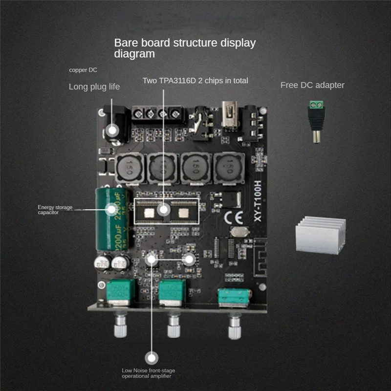 บอร์ดเครื่องขยายเสียงดิจิตอลบลูทูธ5.0แบบ XY-T100H 100Wx2 TPA3116D2โมดูลเสียงไฮไฟสเตอริโอปรับเสียงเบสสูงด้านหน้าได้