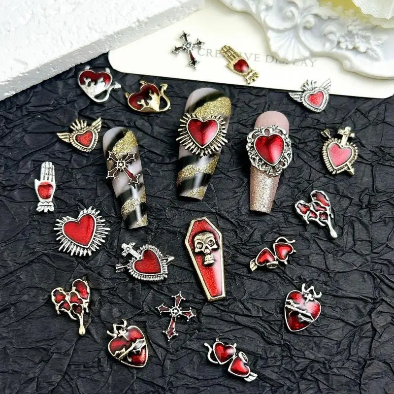 

10Pcs 3D Retro Alloy Skull Devil Heart Nail Charms Minimalist Cross Palm Halloween Style Nail Art Accessories for DIY Cool Nails