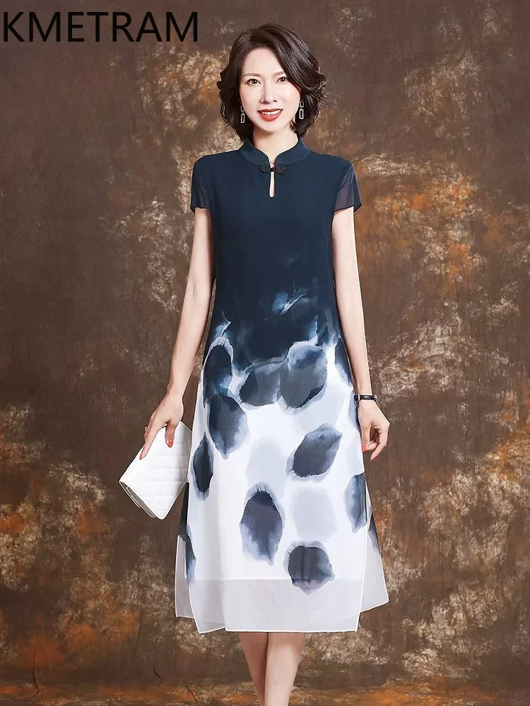 KMETRAM 100% Mulberry Silk Women's Dress 2026 Summer National Style Ink Wash Painting Print Retro Double-layer Dress Ropa Mujer