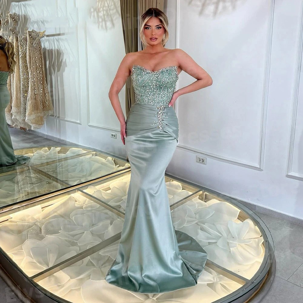 

Luxurious Women's Mermaid Evening Dresses Strapless Customized Prom Gowns Sleeveless Beading Backless فساتين للمناسبات الخاصة